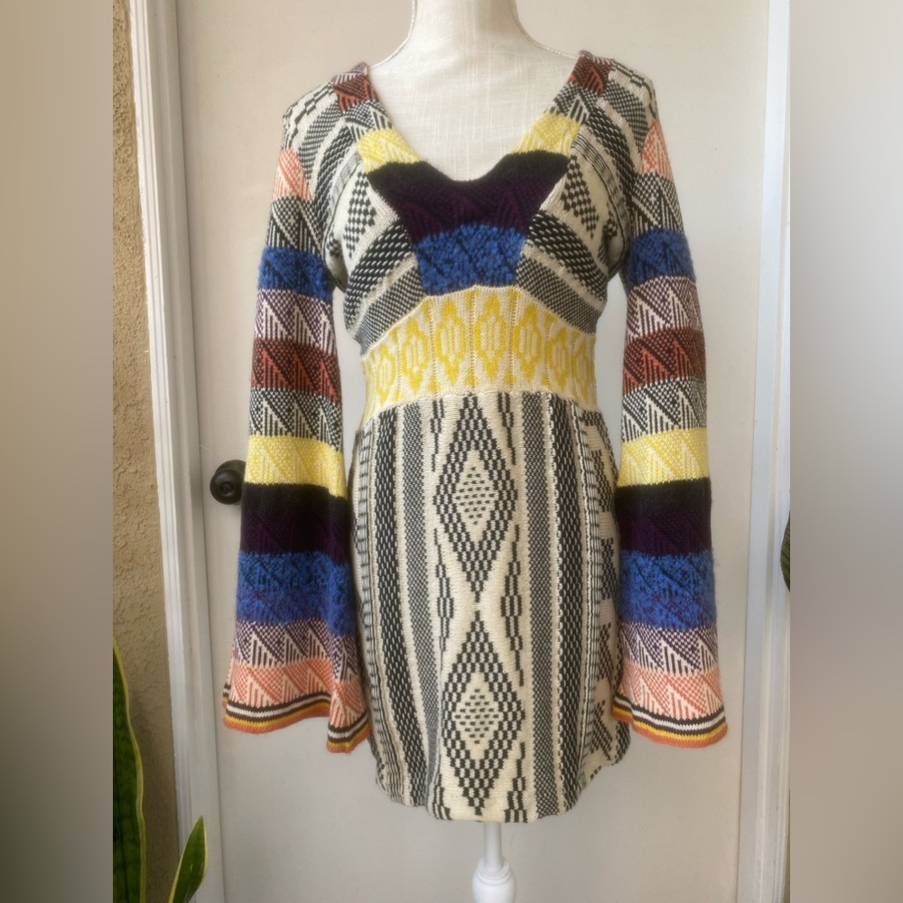 free people patchwork sweater mini dress bell sleeve fair isle sz s